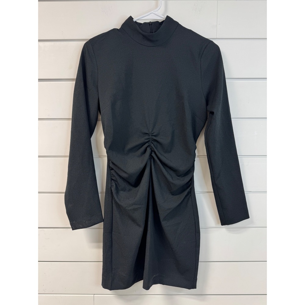 Zara Black Mock Neck Ruched Front Long Sleeve Mini Dress Small